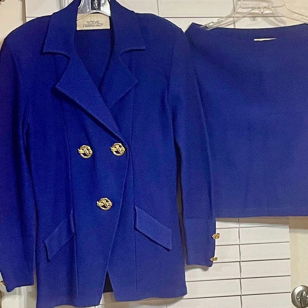 Vtg Blue STEVE FABRIKANT Santana Knit Wool Blend GOLD BUTTONS 2pc SKIRT SUIT PM!